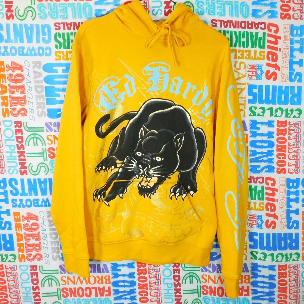 Ed Hardy Black Panther Pullover Hoodie Size S Double Sided Yellow Arm Graphics